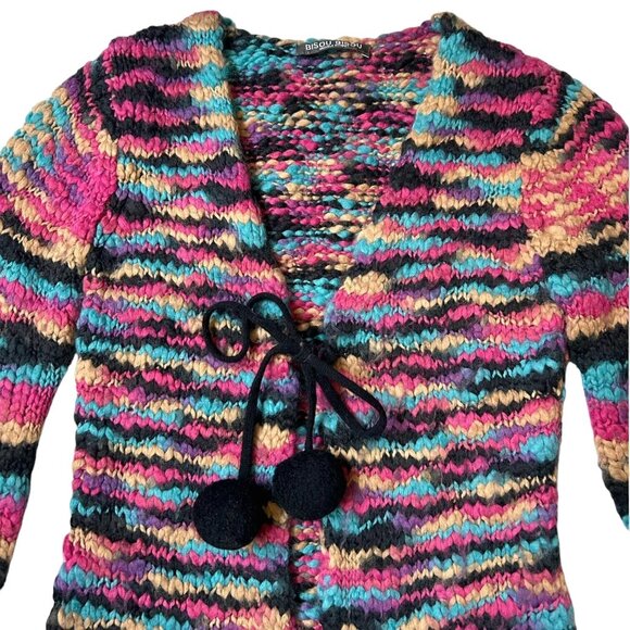90s Vintage Rainbow Cardigan Chunky Tie Michele Bohbot Bisou Wool Blend Pompom. - Picture 2 of 6